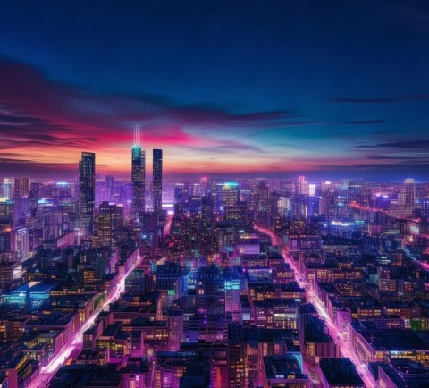 夜晚的城市，霓虹在暮色中闪烁，科技与创新的光芒照亮了人类前行的道路。